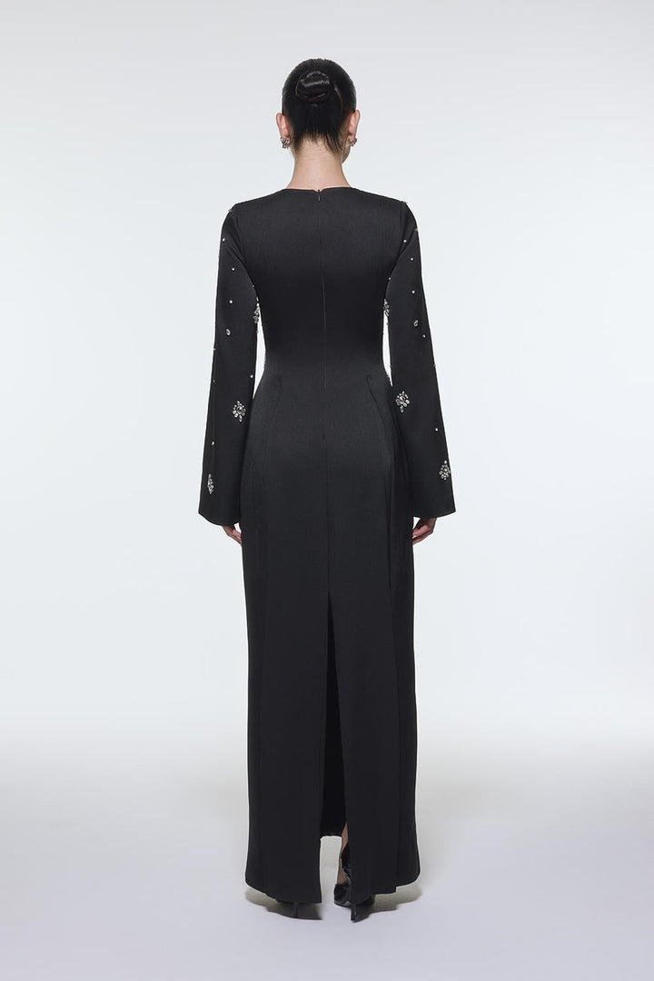 long-sleeve column gown with scattered crystal embellishments – NOIRÉ