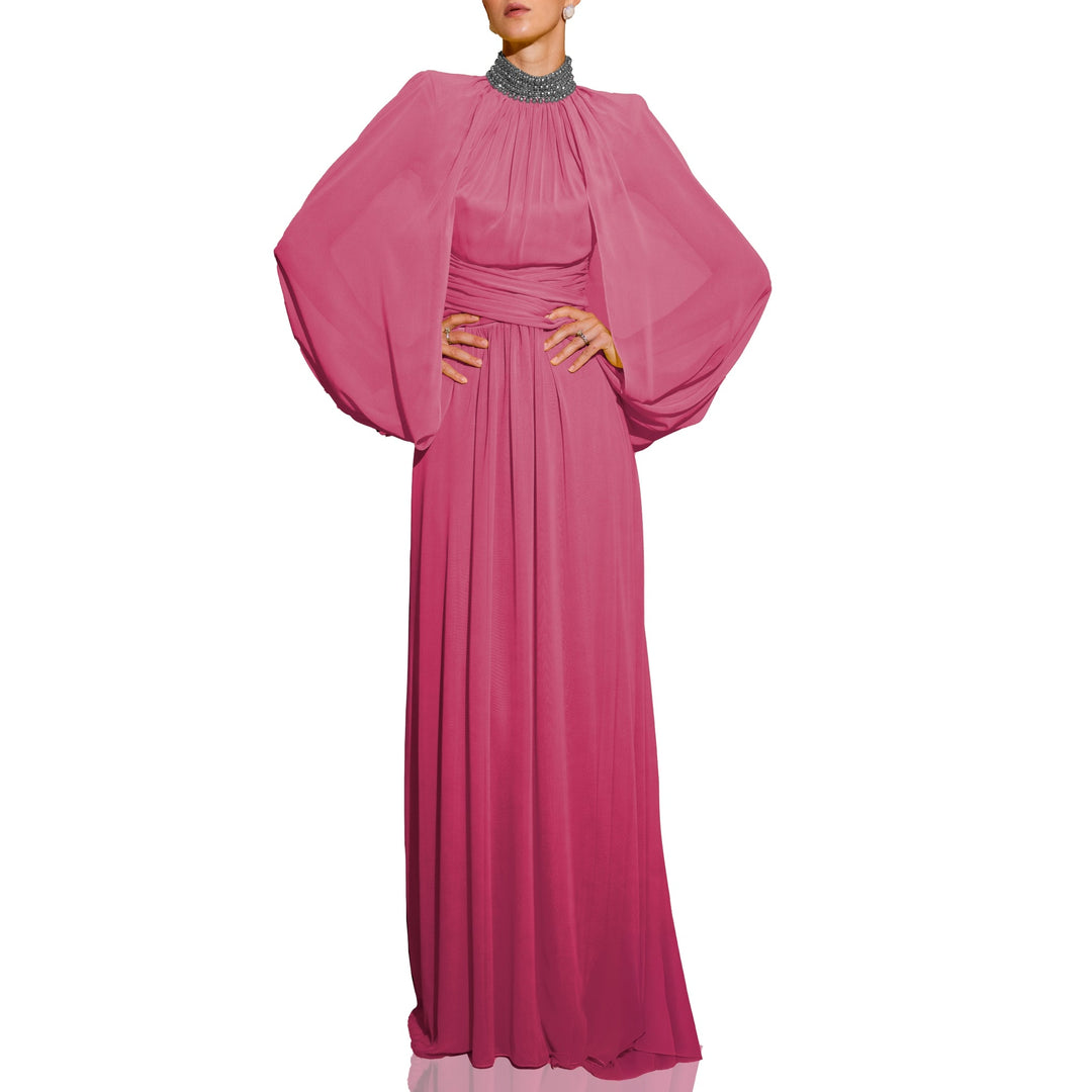 draped chiffon gown with embellished high neckline – SOLANA