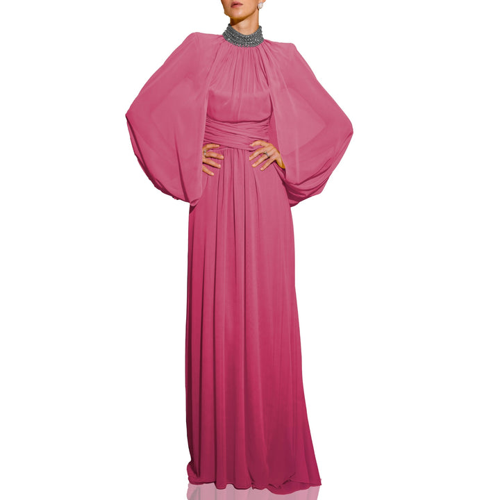 draped chiffon gown with embellished high neckline – SOLANA