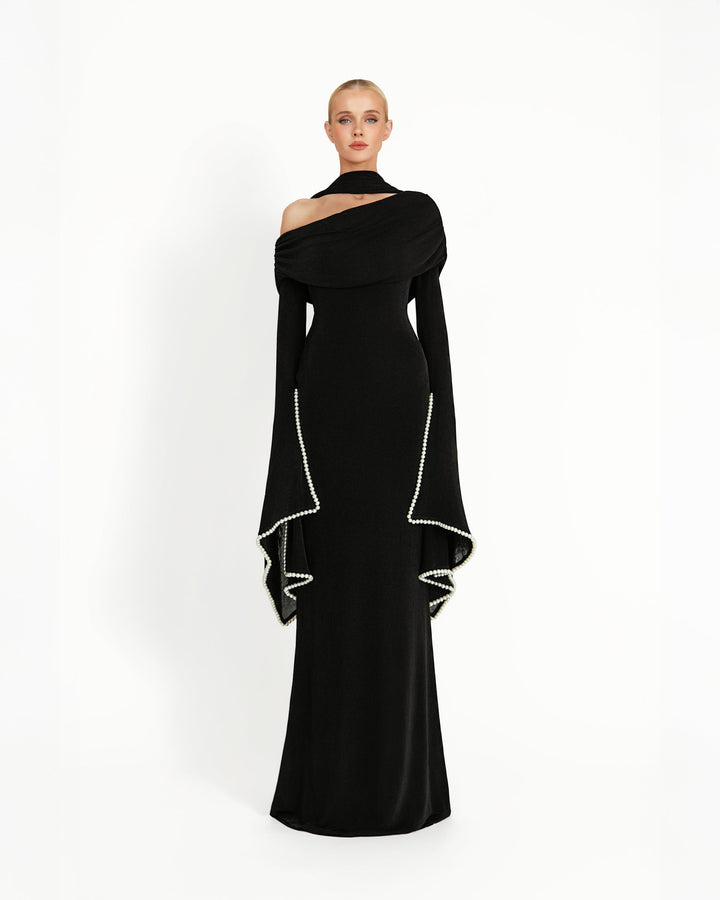 off-shoulder cape-sleeve column gown with pearl trim – NOIRELLE
