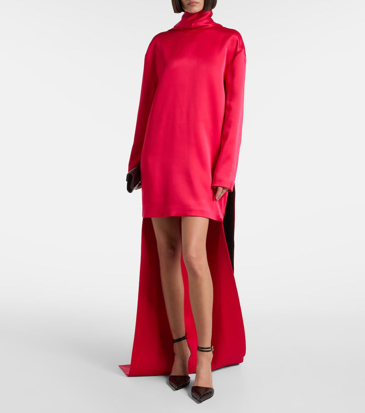 High-neck satin mini dress with dramatic back train – RUBY