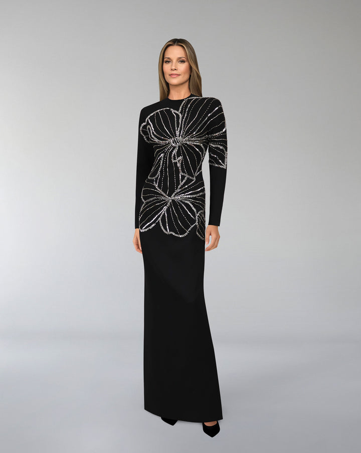 Long - sleeves column dress with sequined flowers - QAILEN