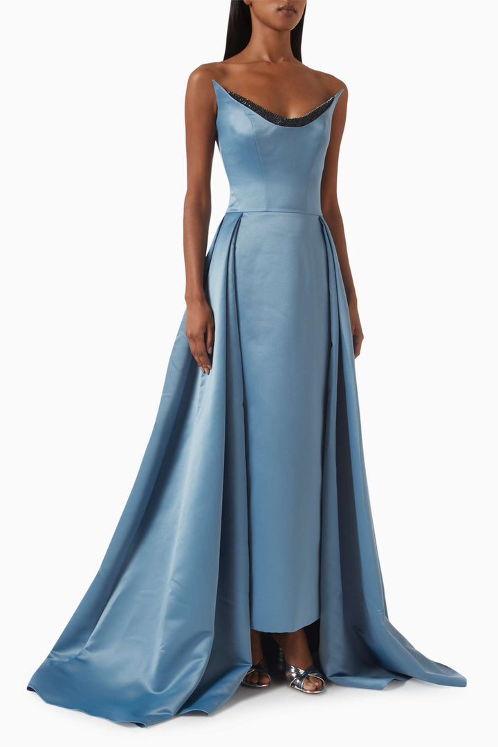 satin gown with draped neckline and side pleats – SKYLA