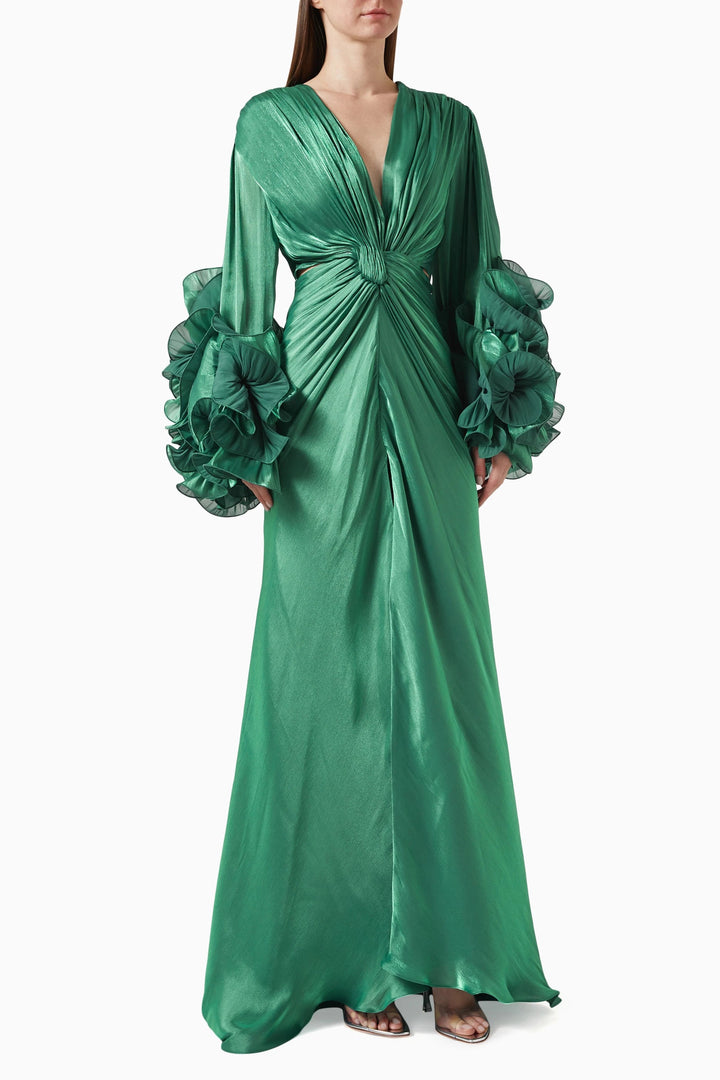 ruched satin gown with ruffled sleeves – EMERALD