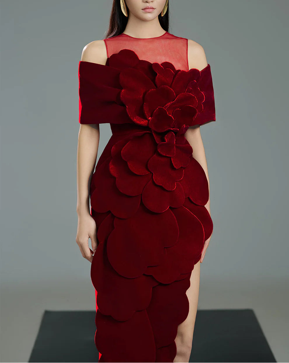 off-shoulder velvet column dress with illusion neckline and sculpted floral appliqué – ROSA
