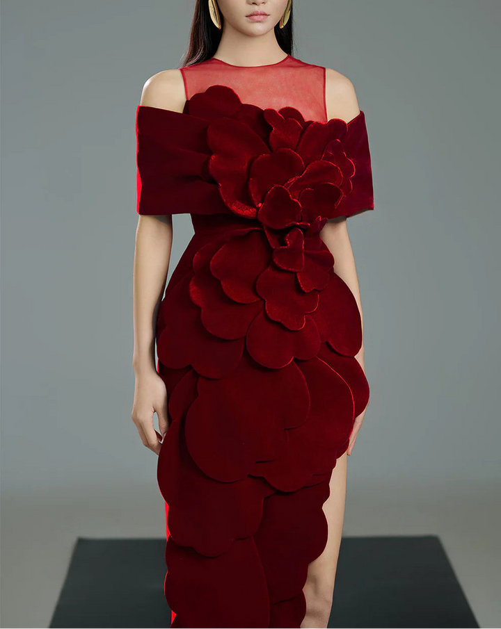 off-shoulder velvet column dress with illusion neckline and sculpted floral appliqué – ROSA