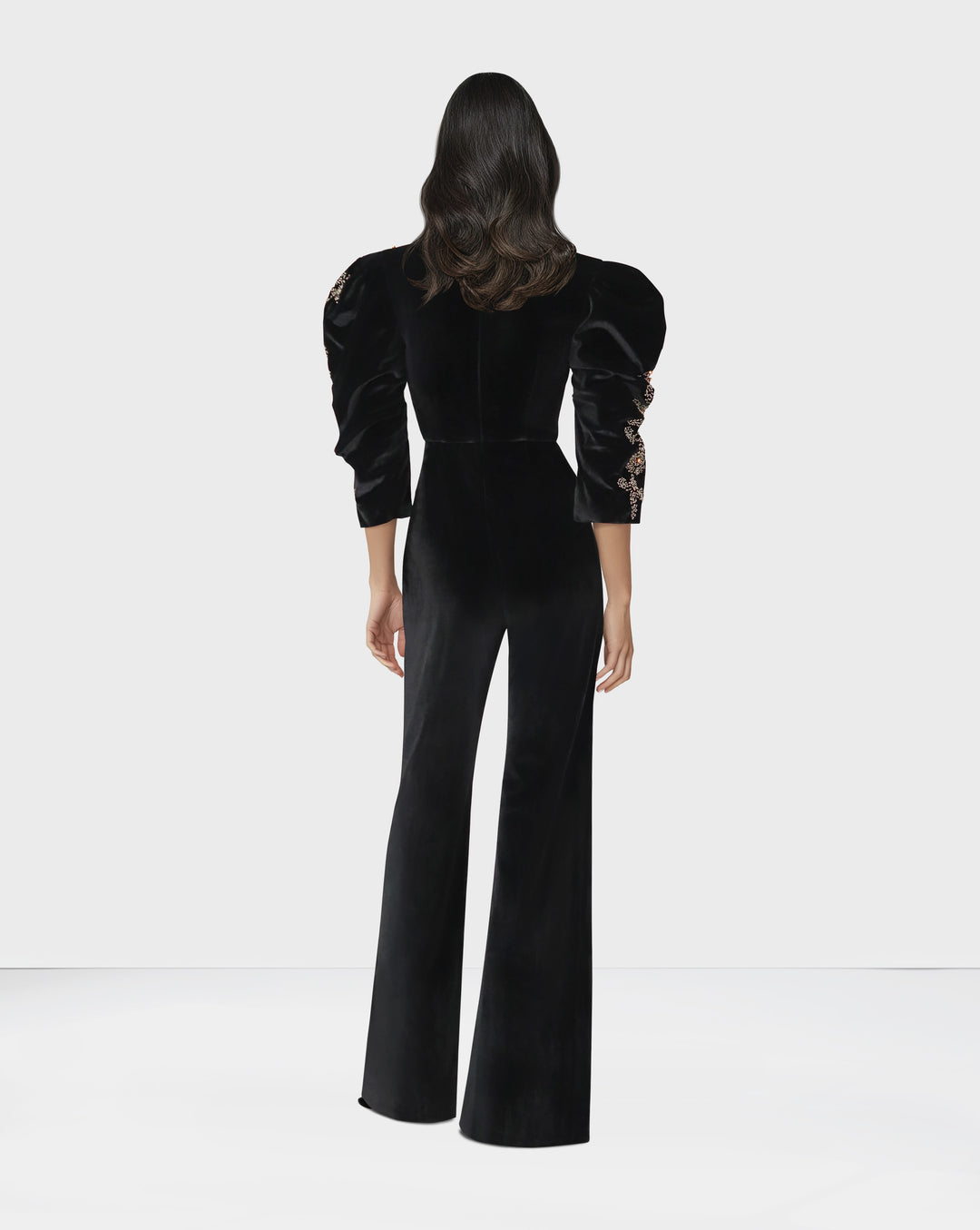 Beaded velvet jumpsuit with puffed sleeves