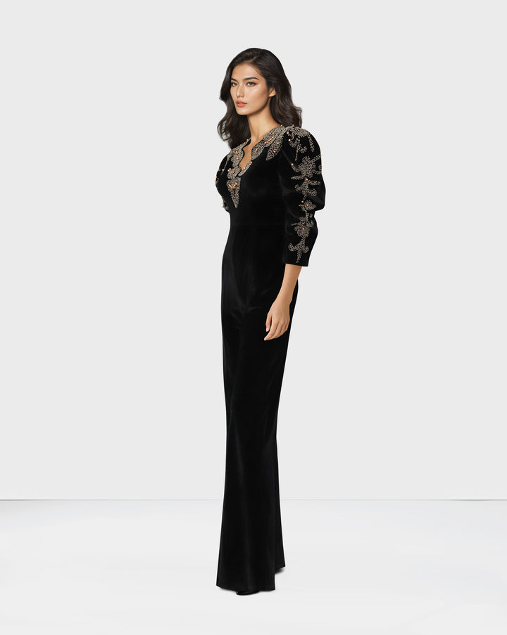 Beaded velvet jumpsuit with puffed sleeves