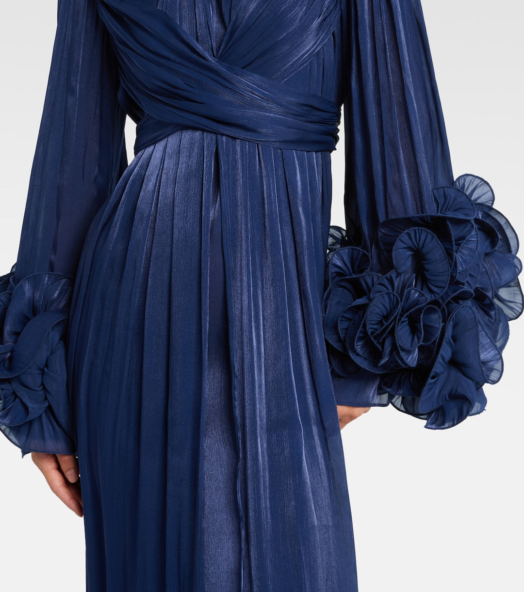 pleated satin gown with floral cuff sleeves – AZURE