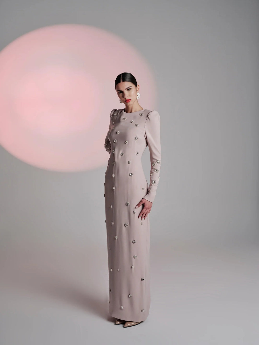embellished long-sleeve column evening gown – LUNARA