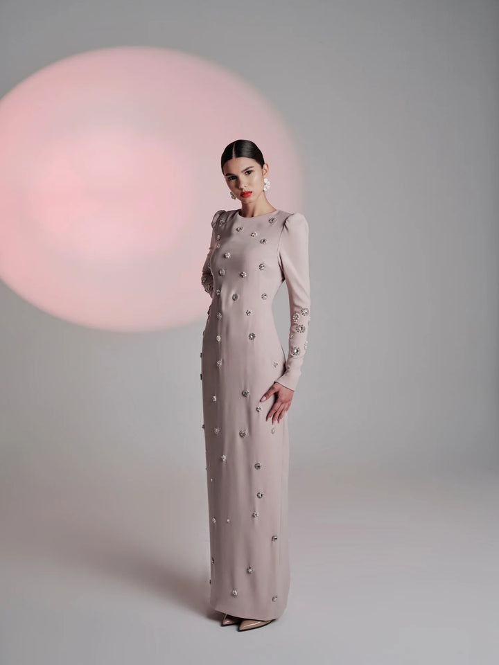 embellished long-sleeve column evening gown – LUNARA