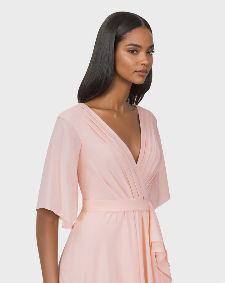 Ruffle column dress with pleated front