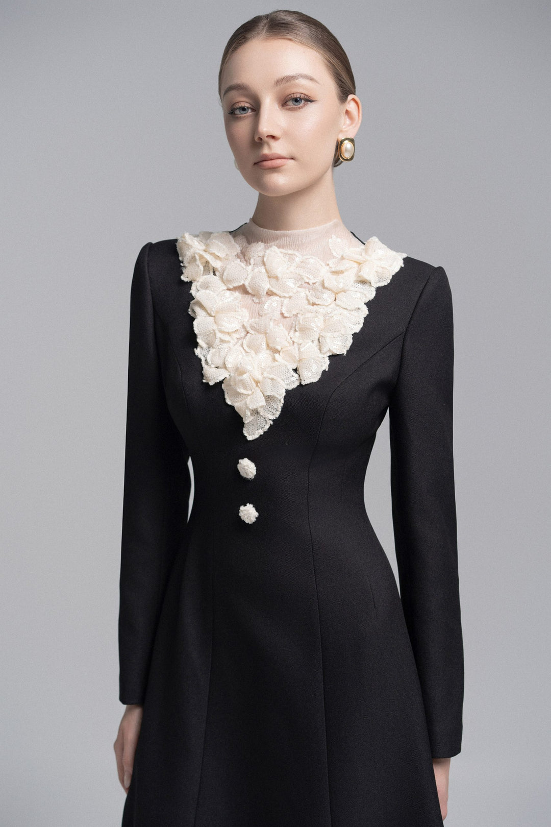 Long-sleeve A-line dress with ruffled lace neckline – VIVIENNE