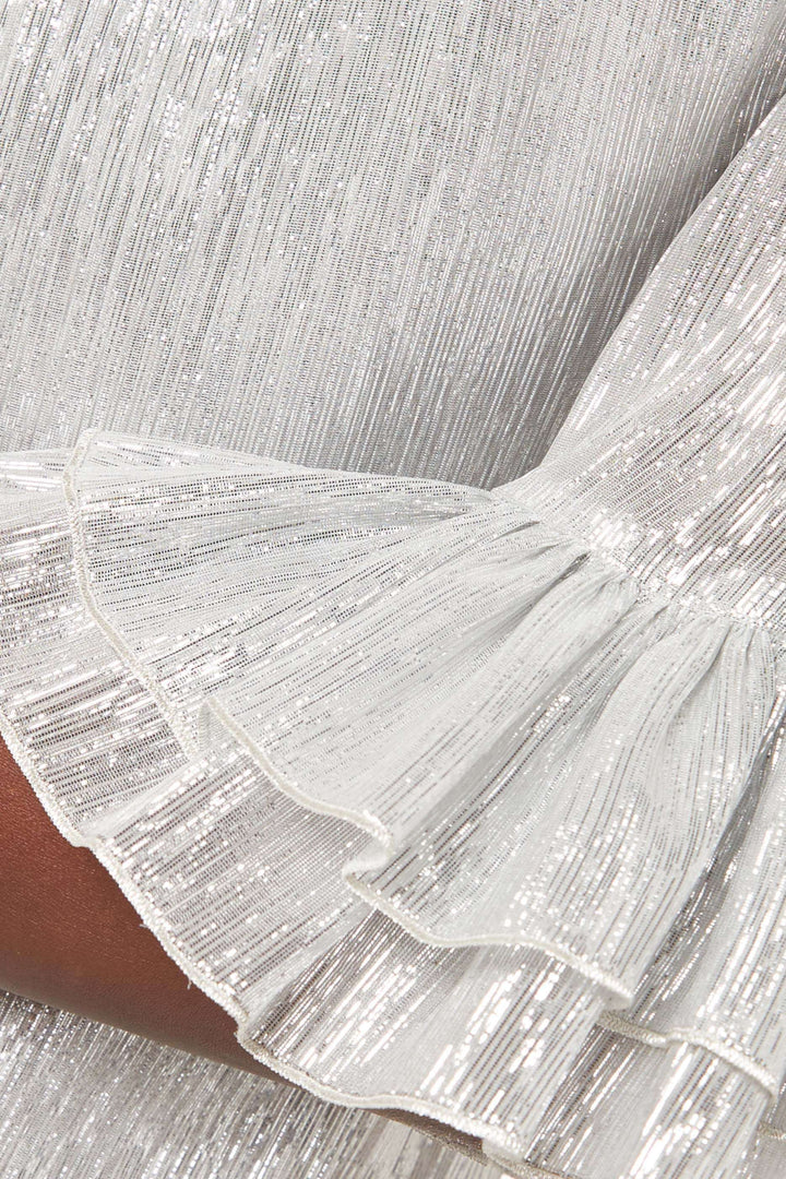 metallic midi dress with ruffled sleeves and hem – SERENA