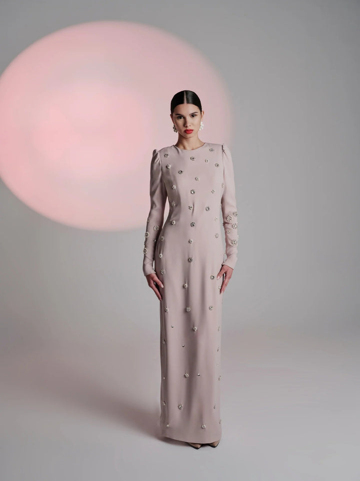 embellished long-sleeve column evening gown – LUNARA