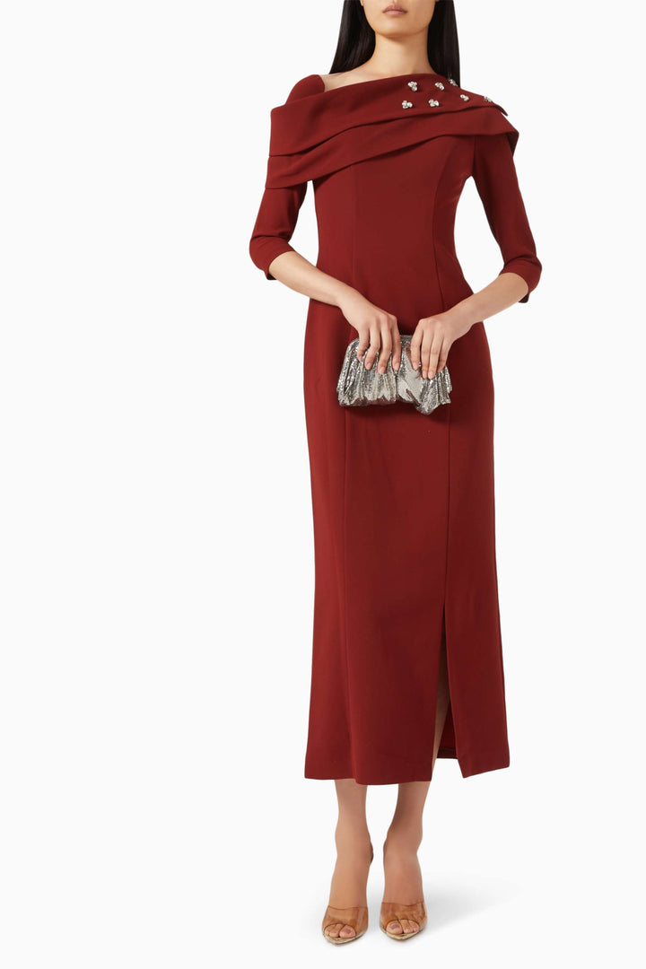 off-shoulder draped midi dress with embellishments – MARCELLA