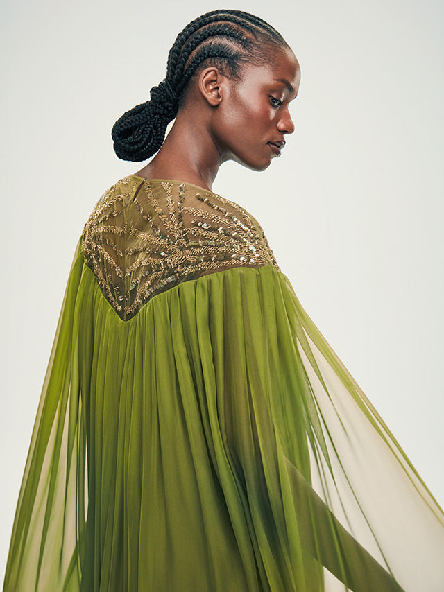 فستان شيفون بتصميم كيب مع رقبة مزينة – لومينا