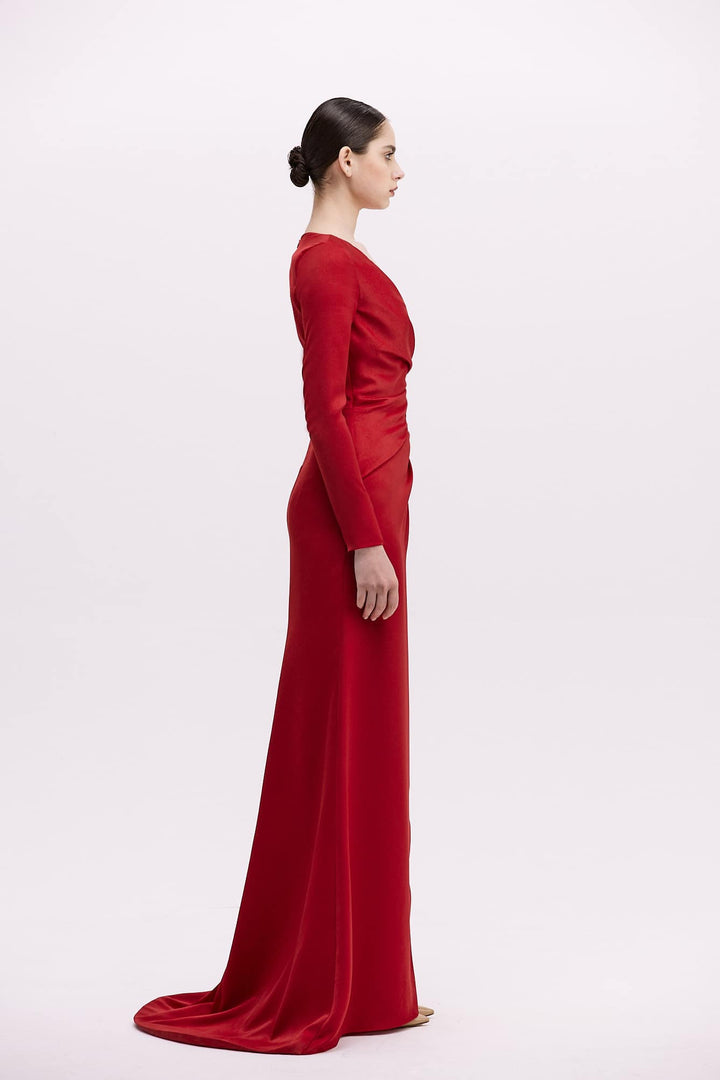 Wrap-front satin gown with waist twist and slit – RUBINA