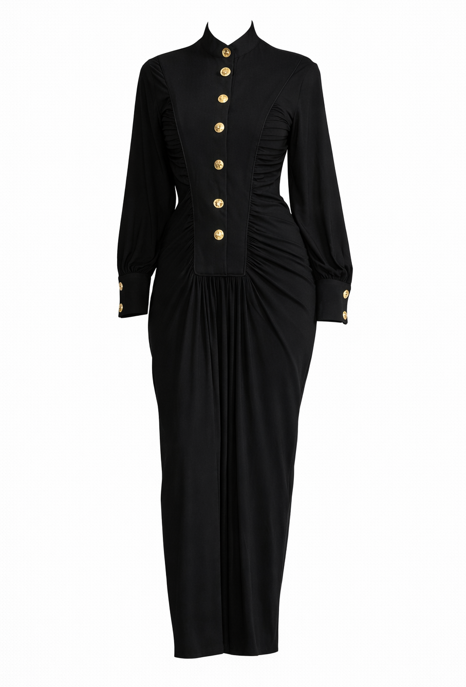 structured ruched maxi dress with gold accents – AURELIA