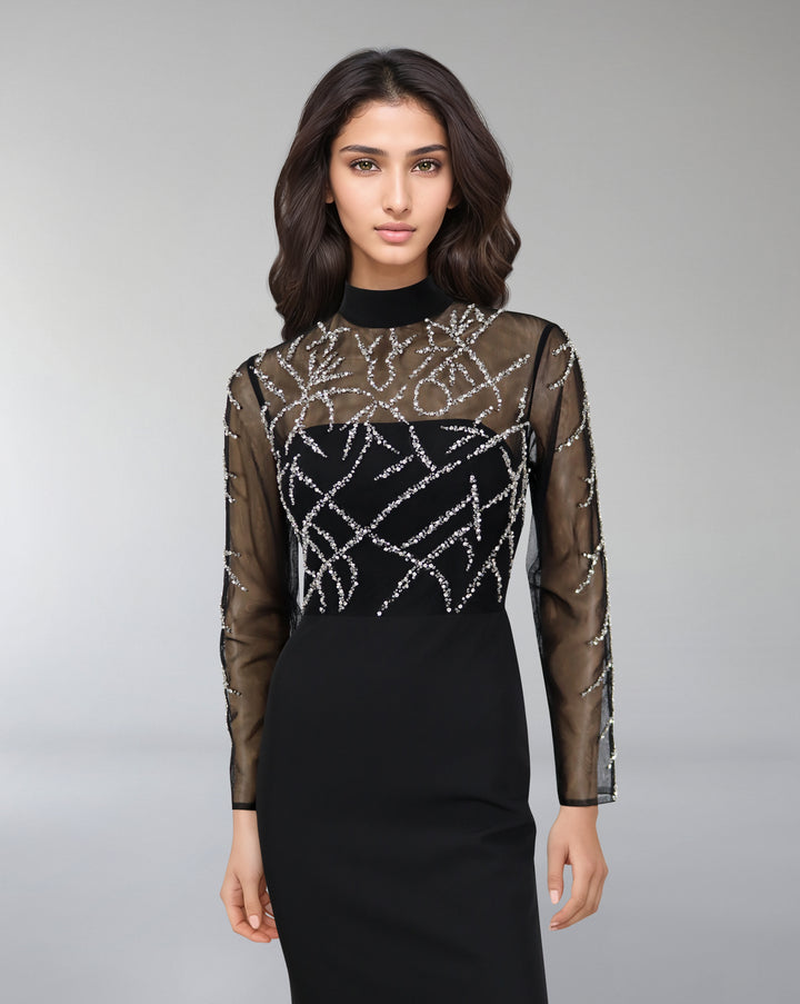 Beaded column dress with see-through top