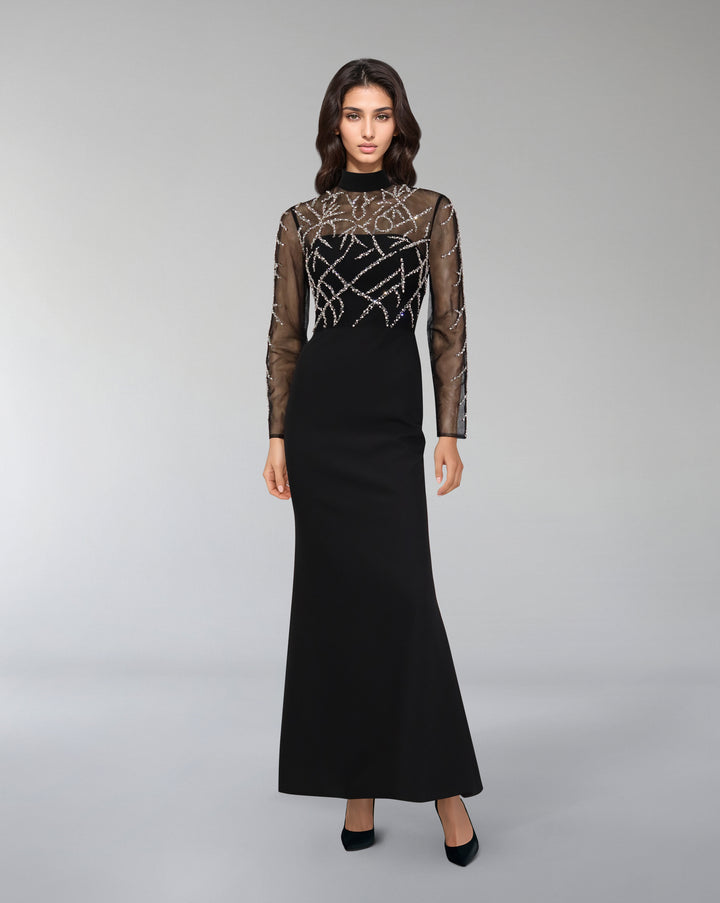 Beaded column dress with see-through top