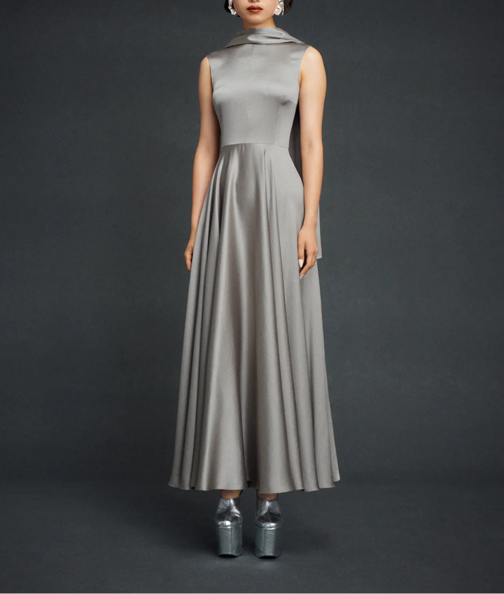 sleeveless high-neck flared maxi dress with draped collar – EMELIA