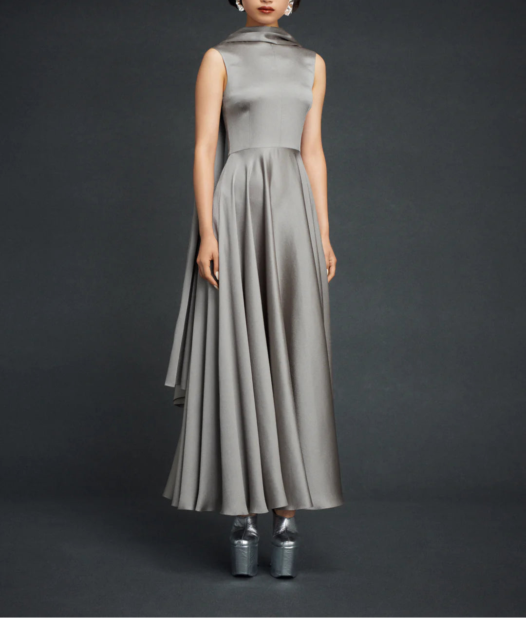 sleeveless high-neck flared maxi dress with draped collar – EMELIA