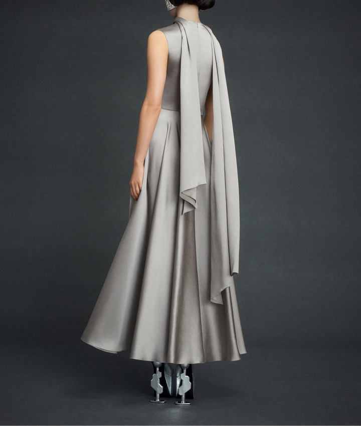 sleeveless high-neck flared maxi dress with draped collar – EMELIA