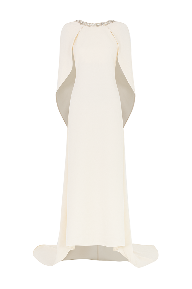 فستان مزخرف بأكمام على شكل رأس مع تصميم عمودي أنيق – عاجي