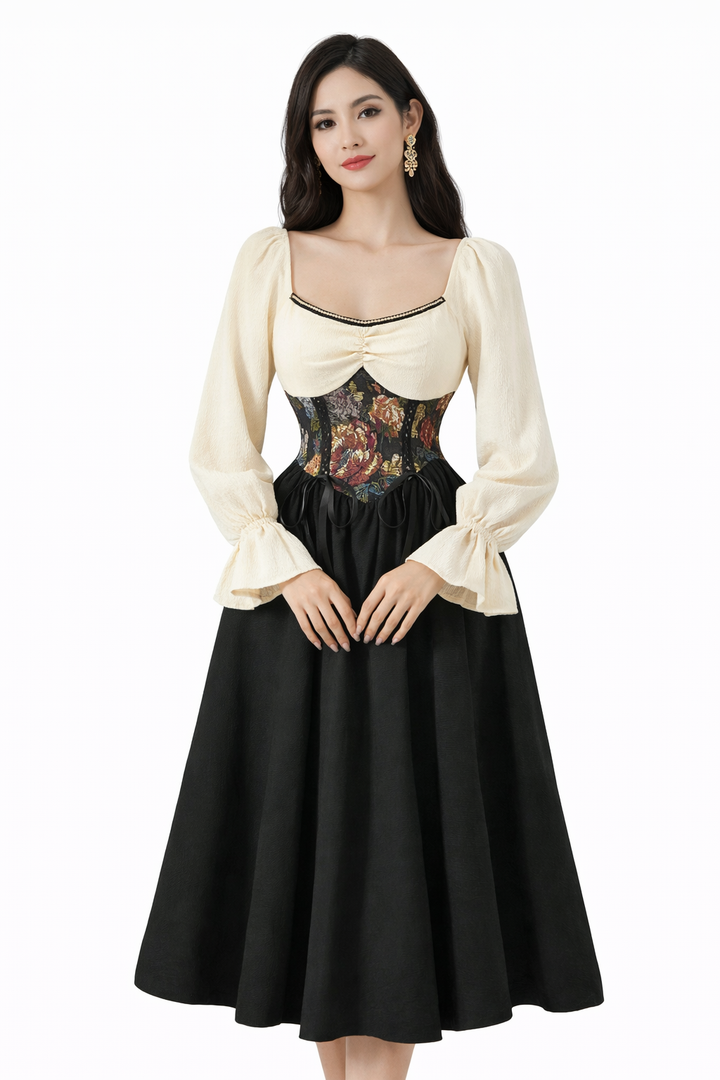 corset-waist midi dress with puff sleeves – FLORENTIA