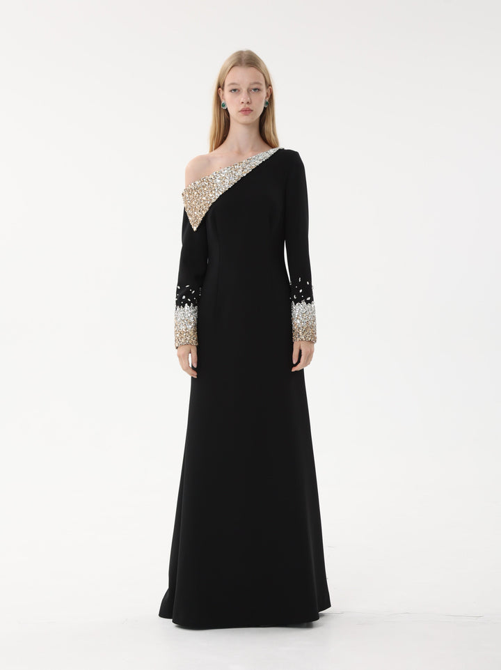 one-shoulder gown with crystal embellished cape sleeve – AURORA