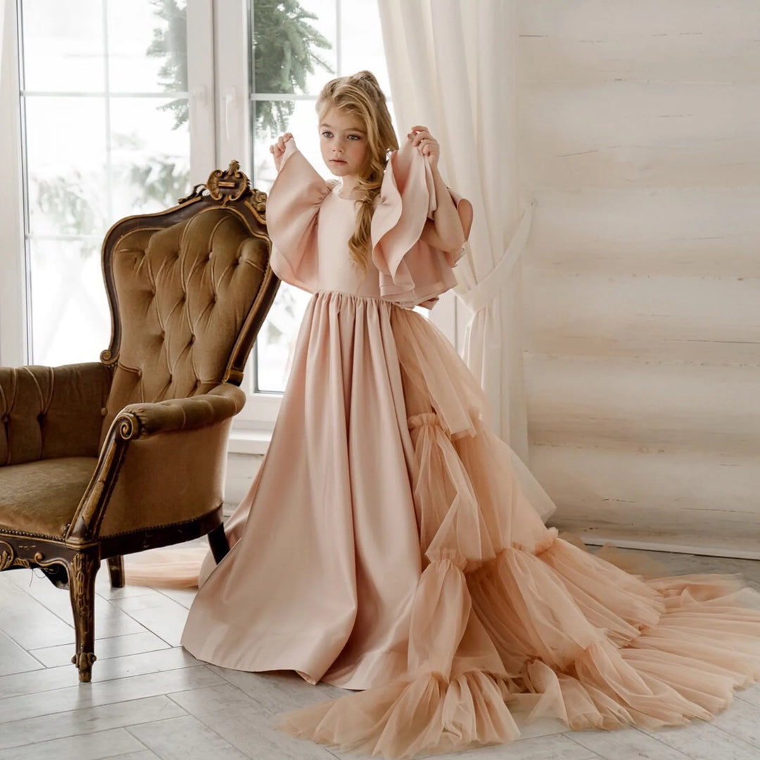 Tiered Tulle Train Dress with Flutter Sleeves – AURÉLIA