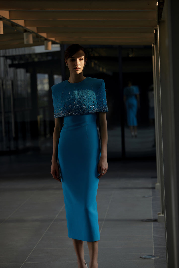 crystal-embellished cape-detail midi dress – OSEIL