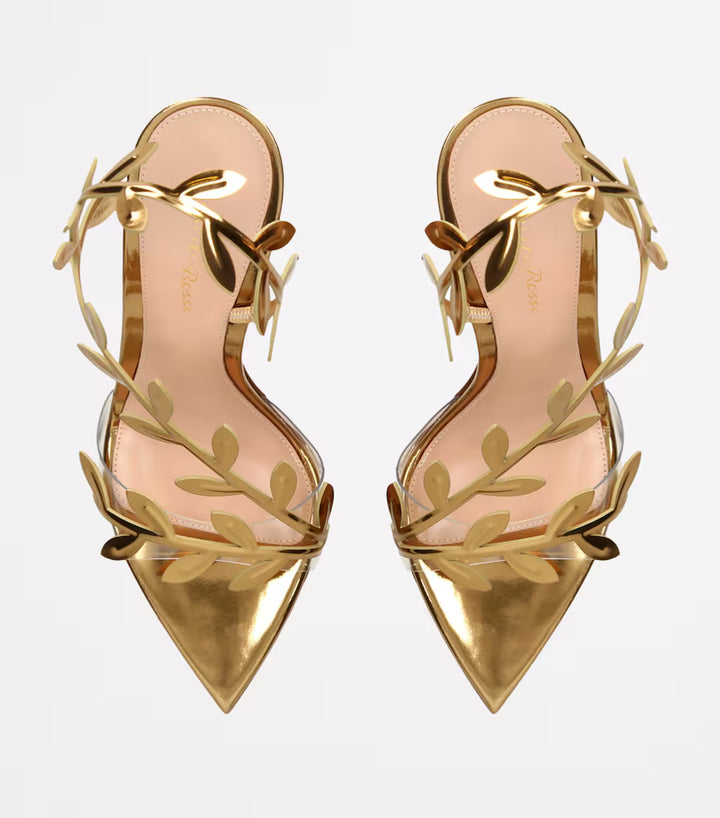 صندل بكعب عالٍ ومقدمة مدببة وأشرطة على شكل أوراق العنب – أوريازو