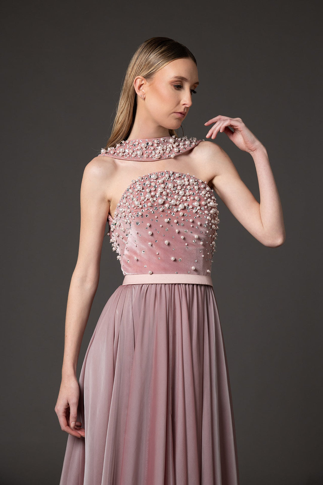 pearl-embellished chiffon evening gown with high slit – SERAPHINE