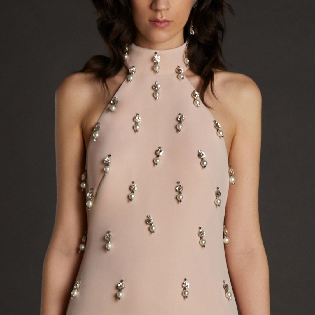 halter embellished gown with flowing side panels – LUCINE