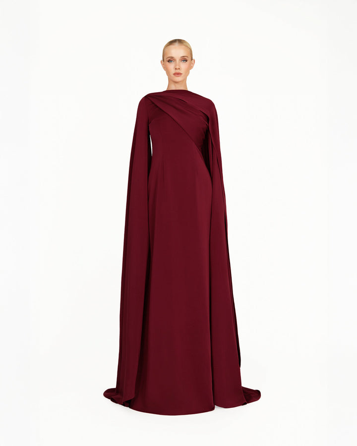 long cape-sleeve column gown with draped neckline – VALENTINA