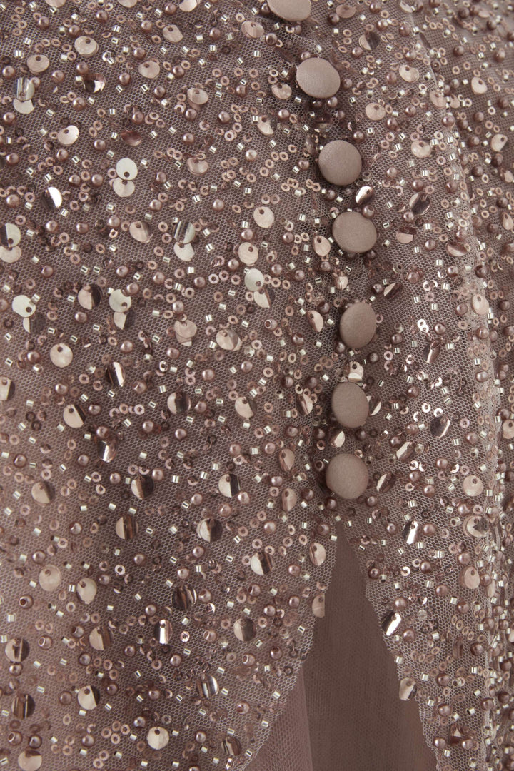 Beaded Cape Overlay Midi Dress with Button Back – ROSE