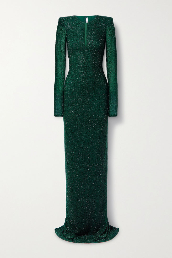 فستان لامع بأكمام طويلة وأكتاف منظمة - إيميرالد