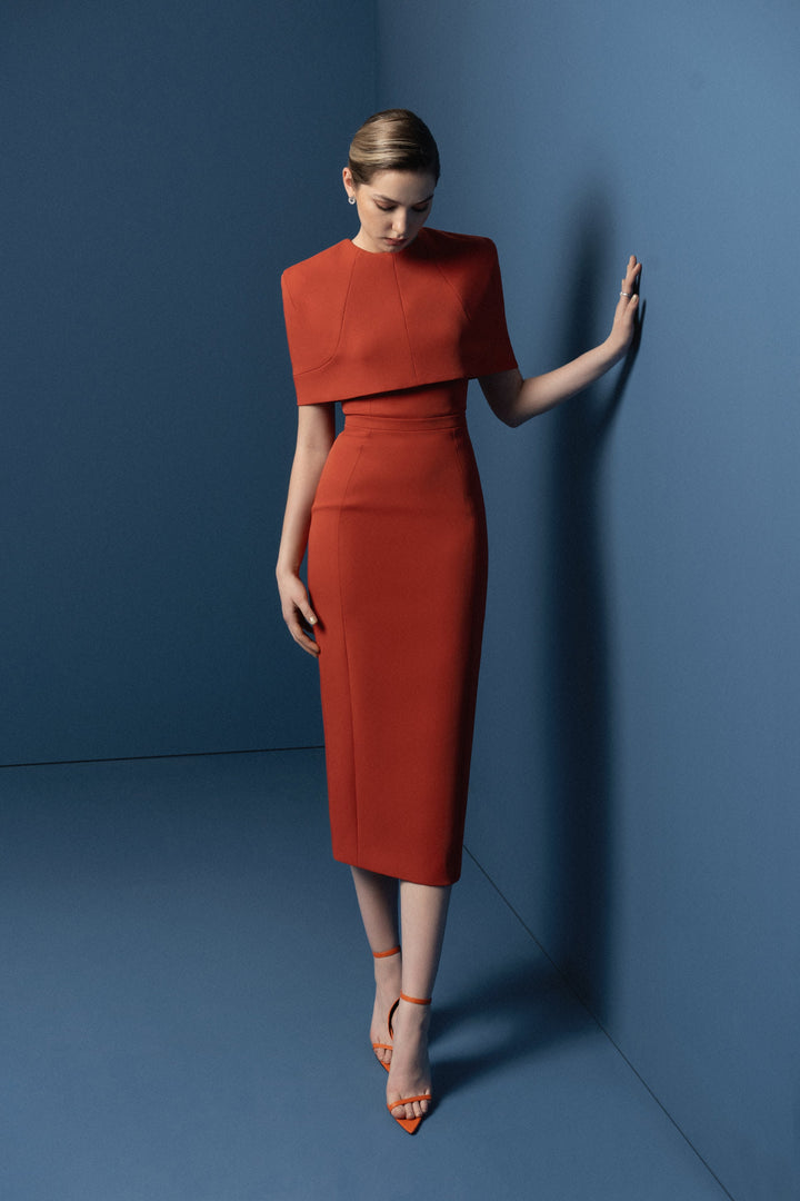 structured cape-sleeve midi dress – DEILIE