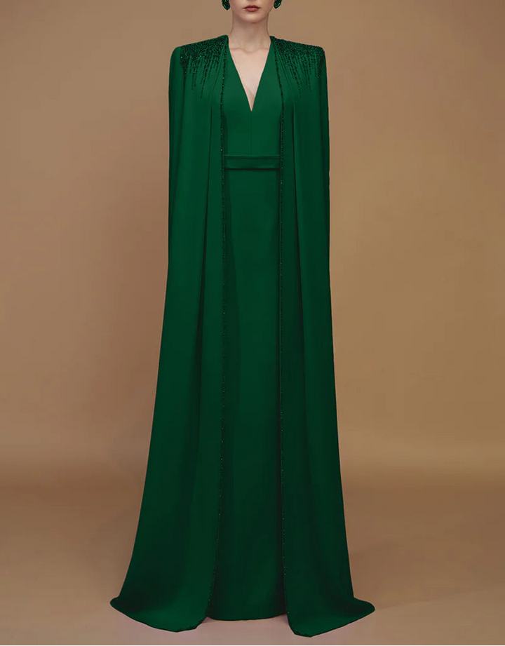 beaded cape gown with plunging neckline – SERAPHINA
