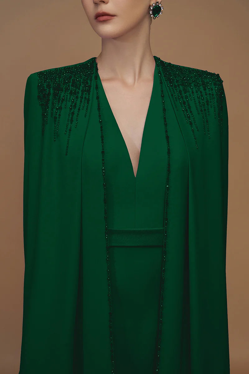 beaded cape gown with plunging neckline – SERAPHINA