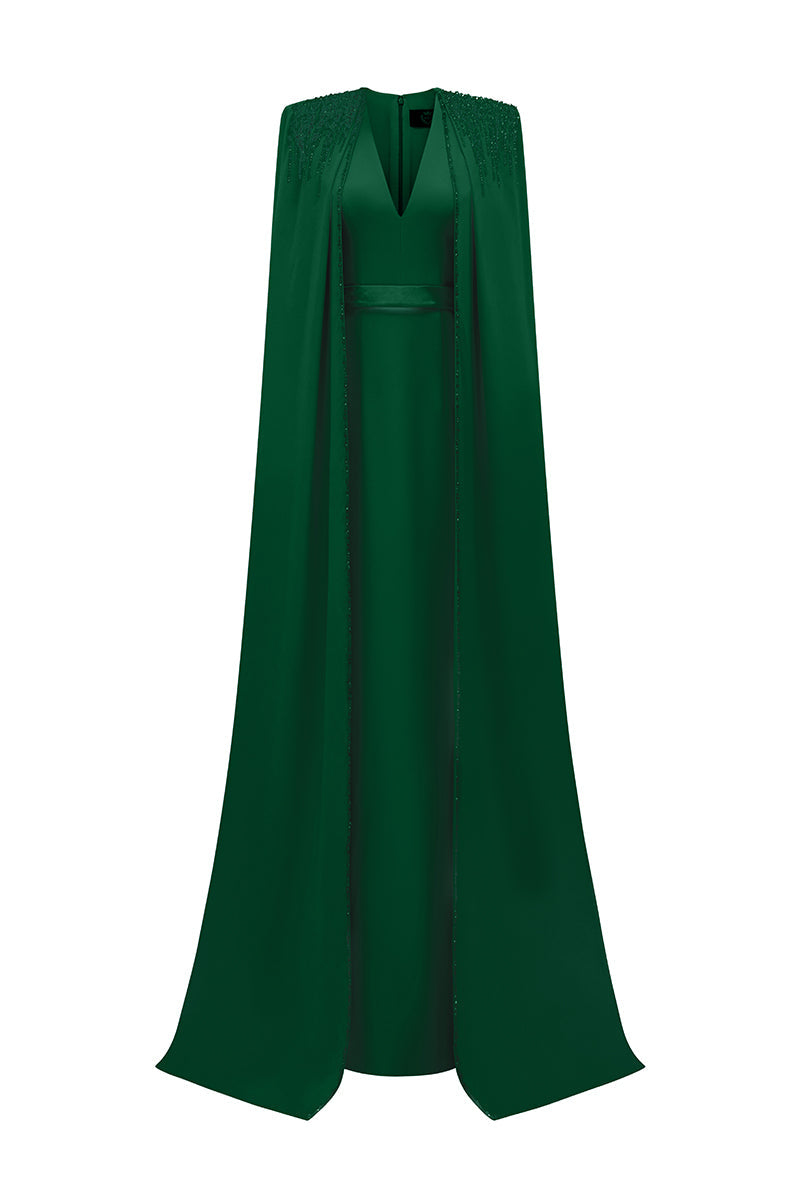 beaded cape gown with plunging neckline – SERAPHINA