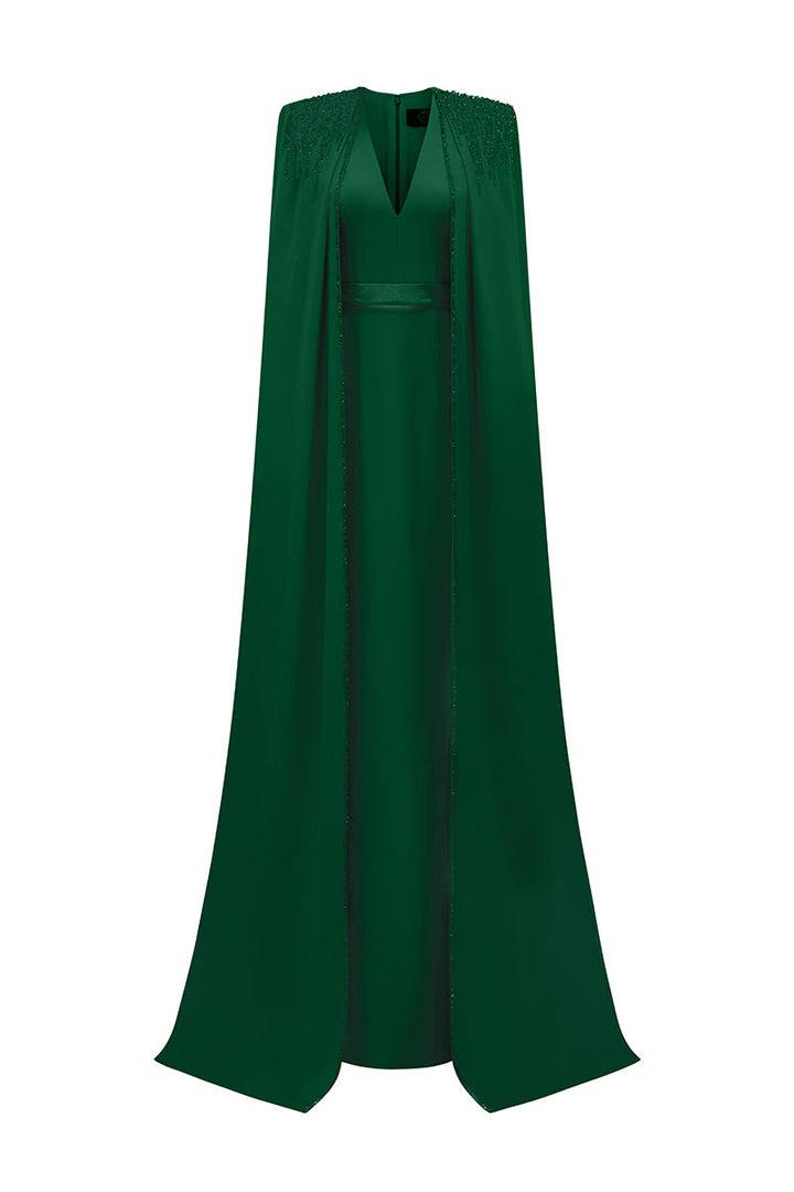 beaded cape gown with plunging neckline – SERAPHINA
