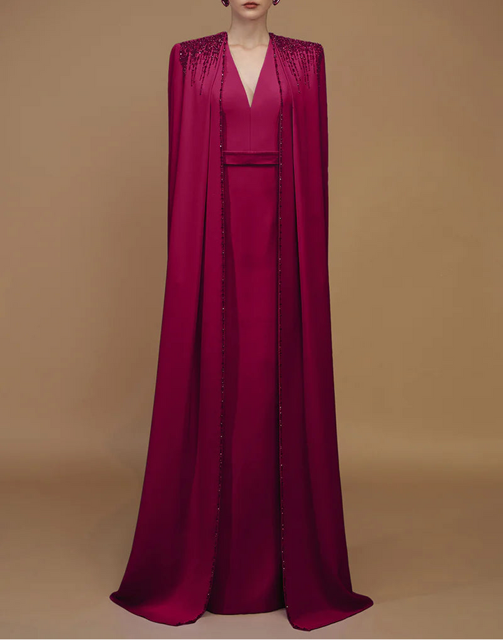 beaded cape gown with plunging neckline – RUBINA