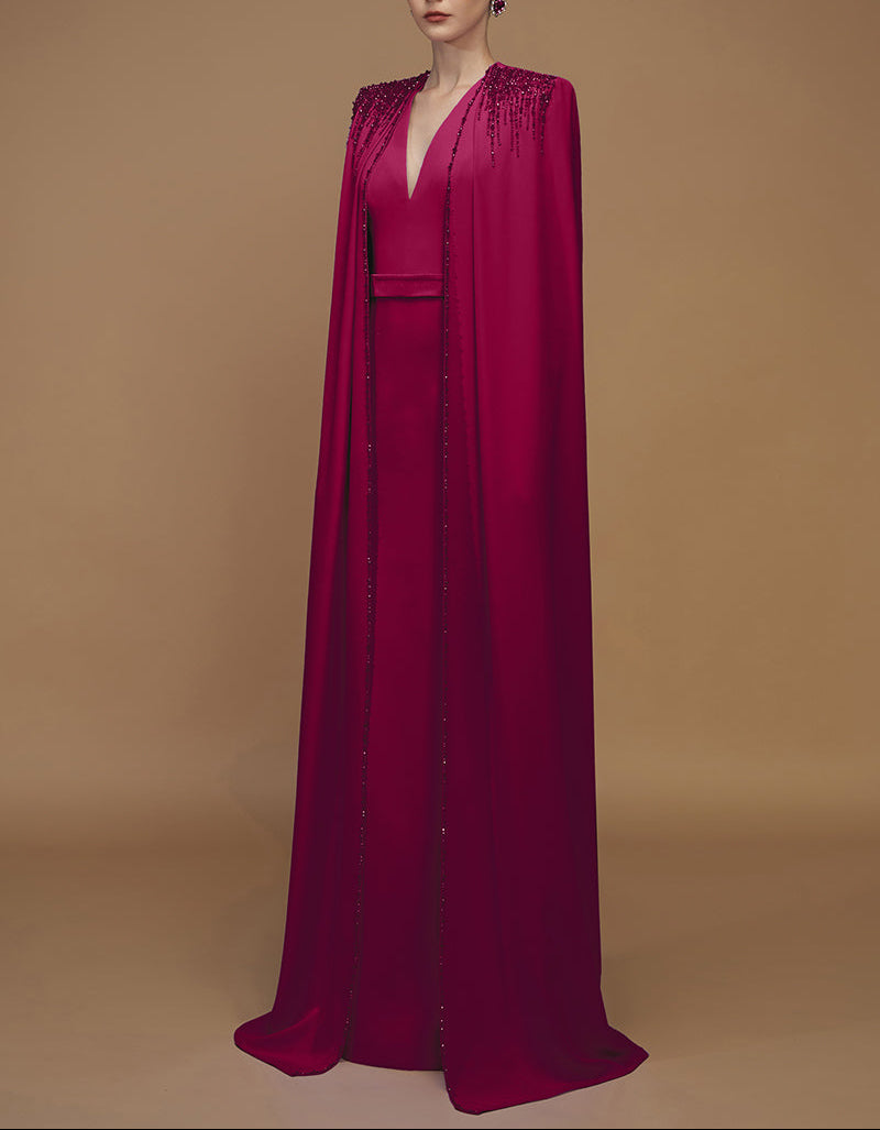 beaded cape gown with plunging neckline – RUBINA