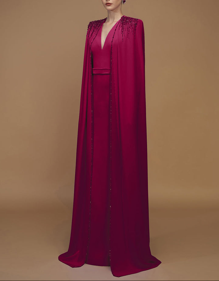 beaded cape gown with plunging neckline – RUBINA
