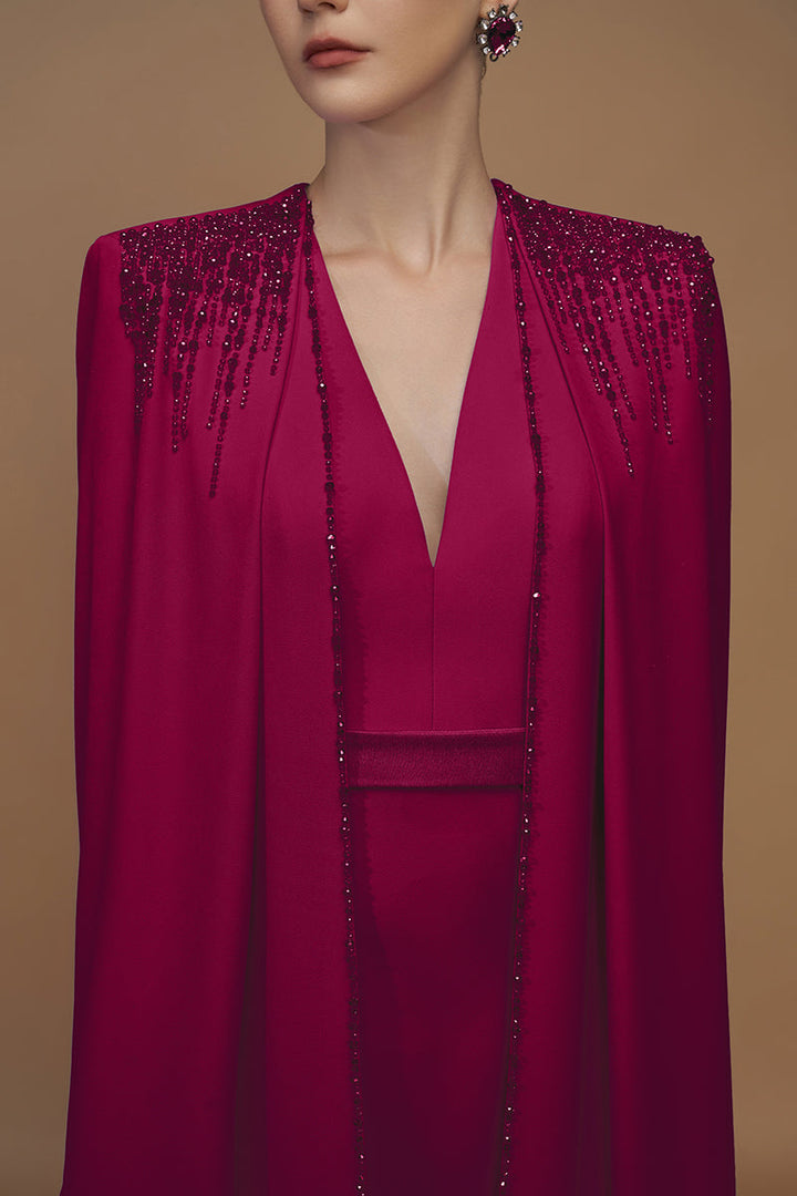beaded cape gown with plunging neckline – RUBINA