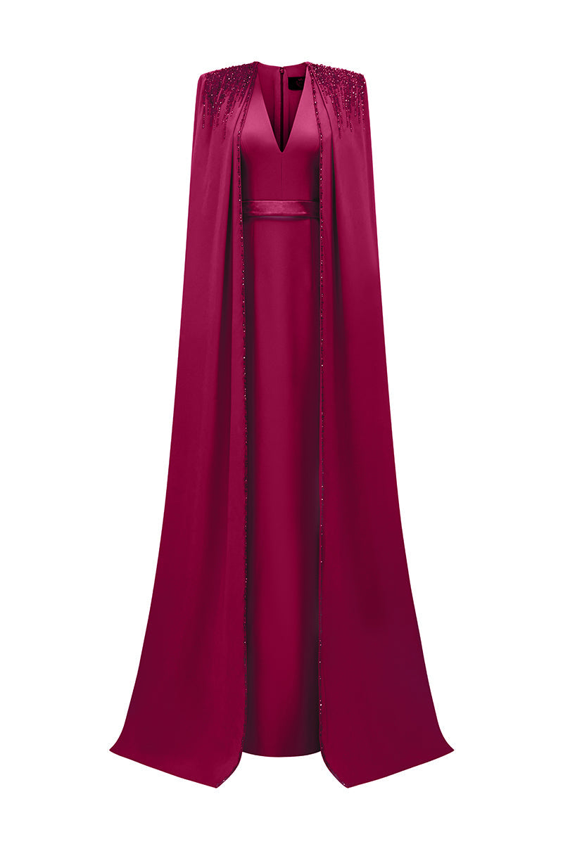 beaded cape gown with plunging neckline – RUBINA