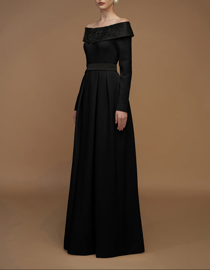 off-shoulder embellished gown with long sleeves – VESPERA